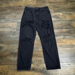 American Eagle Mom Jeans Black Distressed High Rise Relaxed Taper Women's 10